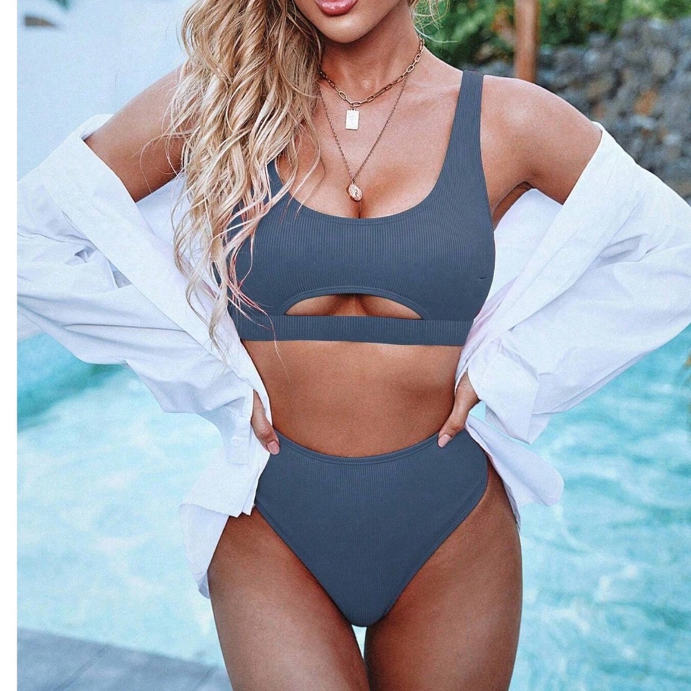 Ribbed High Waisted Peek a boo Swim Beach Bikini - Picture 1 of 11